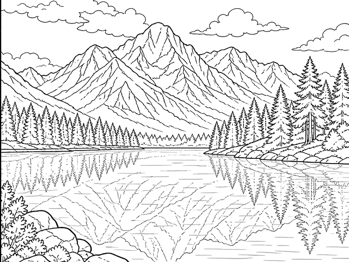 Landscape photo converted into a printable coloring page