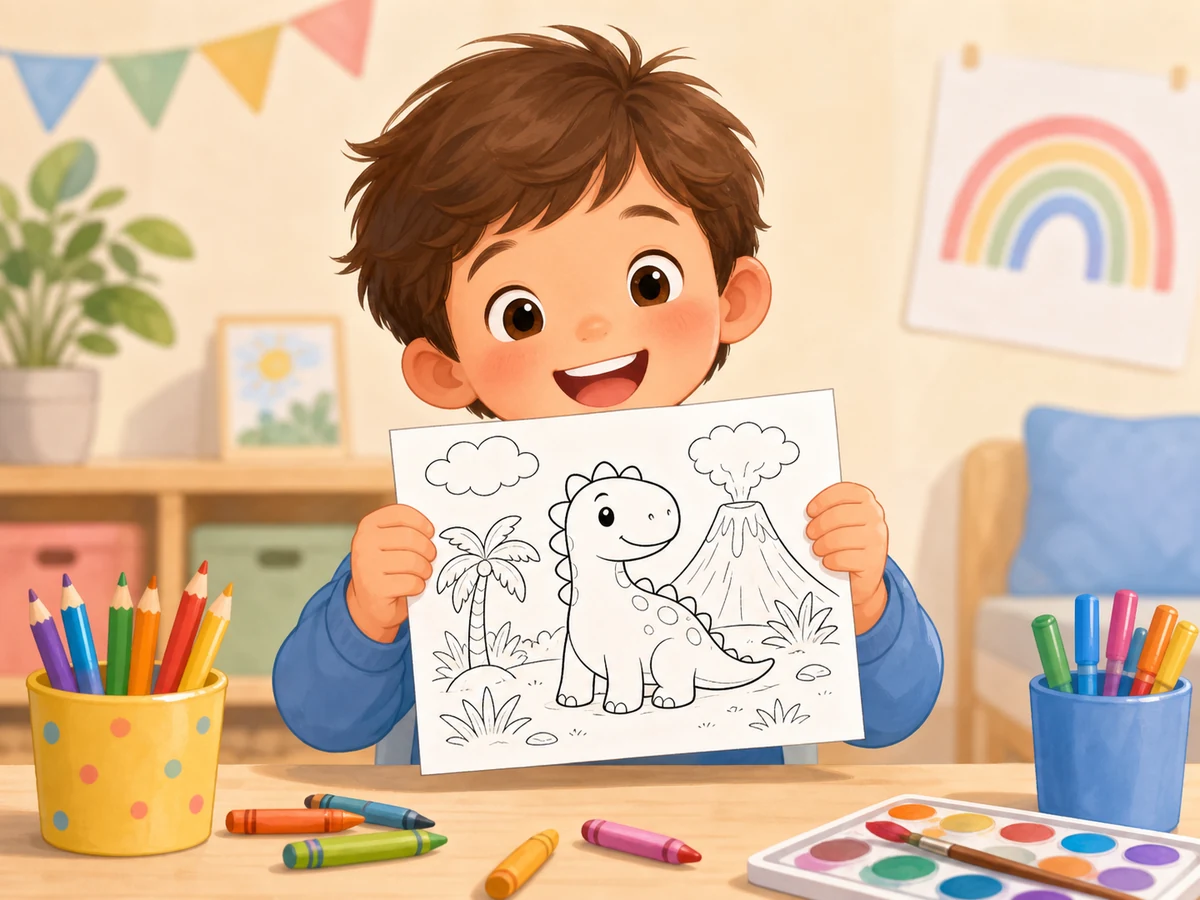 Child holding a finished printable coloring page