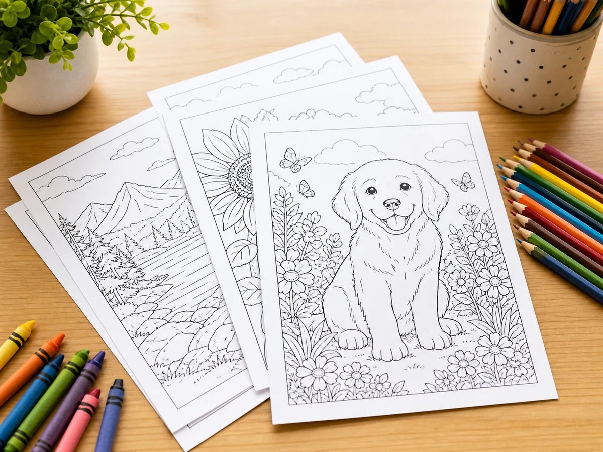 Printable coloring pages on a desk with colored pencils