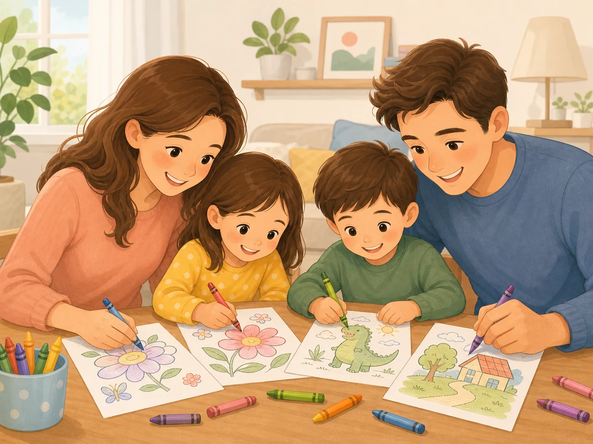 Family photo converted into a printable coloring page for home craft time